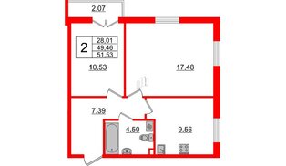 Квартира в ЖК ИЛОНА, 2 комнатная, 50.08 м², 2 этаж