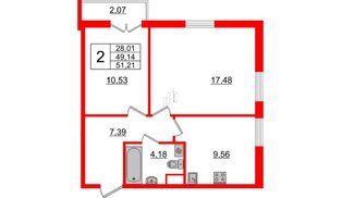 Квартира в ЖК ИЛОНА, 2 комнатная, 49.76 м², 4 этаж