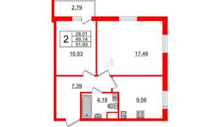 Квартира в ЖК ИЛОНА, 2 комнатная, 49.98 м², 6 этаж