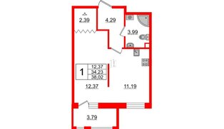 Квартира в ЖК ИЛОНА, 1 комнатная, 35.37 м², 2 этаж