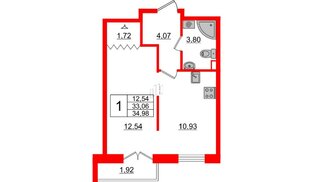 Квартира в ЖК ИЛОНА, 1 комнатная, 33.64 м², 1 этаж
