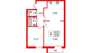 Квартира в ЖК ИЛОНА, 2 комнатная, 53.64 м², 1 этаж