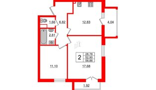 Квартира в ЖК ИЛОНА, 2 комнатная, 54.69 м², 2 этаж