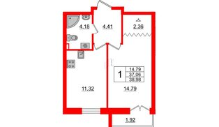 Квартира в ЖК ИЛОНА, 1 комнатная, 37.64 м², 1 этаж