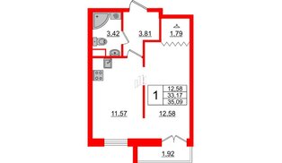 Квартира в ЖК ИЛОНА, 1 комнатная, 33.75 м², 2 этаж