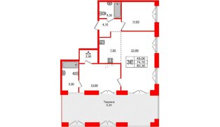 Квартира в ЖК Лермонтовский 54, 2 комнатная, 82.7 м², 7 этаж