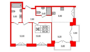 Квартира в ЖК «Лермонтовский 54», 2 комнатная, 59.6 м², 3 этаж