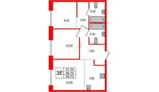 Квартира в ЖК Лермонтовский 54, 2 комнатная, 59.7 м², 1 этаж
