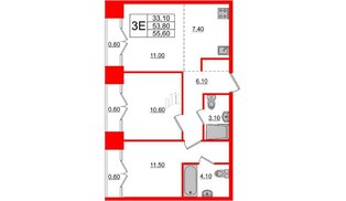 Квартира в ЖК Лермонтовский 54, 2 комнатная, 55.1 м², 9 этаж