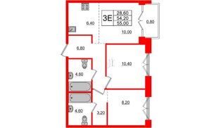 Квартира в ЖК «Лермонтовский 54», 2 комнатная, 54.5 м², 7 этаж