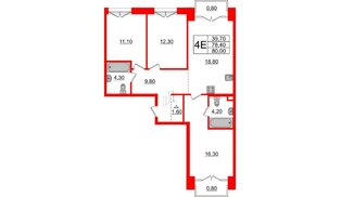 Квартира в ЖК Лермонтовский 54, 3 комнатная, 80 м², 7 этаж