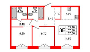 Квартира в ЖК Лермонтовский 54, 2 комнатная, 57.8 м², 2 этаж