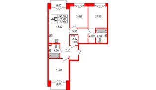 Квартира в ЖК Лермонтовский 54, 3 комнатная, 79.8 м², 3 этаж