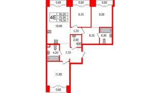 Квартира в ЖК Лермонтовский 54, 3 комнатная, 78.3 м², 8 этаж