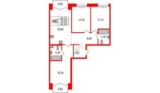 Квартира в ЖК «Лермонтовский 54», 3 комнатная, 79.8 м², 3 этаж