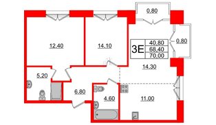 Квартира в ЖК Лермонтовский 54, 2 комнатная, 70 м², 4 этаж