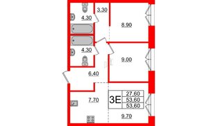 Квартира в ЖК Лермонтовский 54, 2 комнатная, 53.6 м², 3 этаж