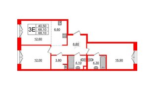 Квартира в ЖК Лермонтовский 54, 2 комнатная, 68.1 м², 2 этаж