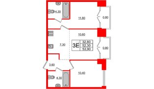 Квартира в ЖК Лермонтовский 54, 2 комнатная, 53.9 м², 3 этаж