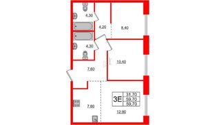 Квартира в ЖК «Лермонтовский 54», 2 комнатная, 59.4 м², 1 этаж