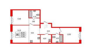 Квартира в ЖК Лермонтовский 54, 2 комнатная, 72.8 м², 2 этаж