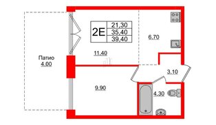 Квартира в ЖК Лермонтовский 54, 1 комнатная, 39.4 м², 1 этаж