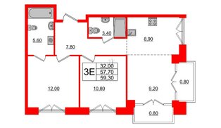 Квартира в ЖК Лермонтовский 54, 2 комнатная, 59.3 м², 2 этаж