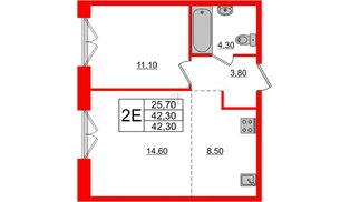 Квартира в ЖК Лермонтовский 54, 1 комнатная, 42.3 м², 2 этаж