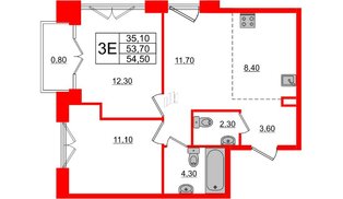 Квартира в ЖК Лермонтовский 54, 2 комнатная, 54.5 м², 2 этаж