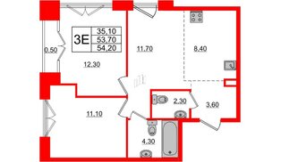 Квартира в ЖК Лермонтовский 54, 2 комнатная, 53.7 м², 7 этаж