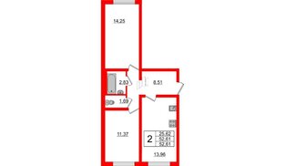 Квартира в ЖК 'Ручьи', 2 комнатная, 51.9 м², 1 этаж