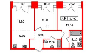 Квартира в ЖК Лермонтовский 54, 2 комнатная, 52.9 м², 9 этаж
