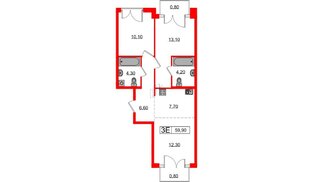 Квартира в ЖК «Лермонтовский 54», 2 комнатная, 60 м², 5 этаж