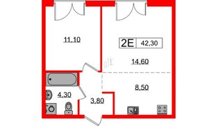 Квартира в ЖК Лермонтовский 54, 1 комнатная, 42.3 м², 6 этаж