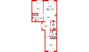 Квартира в ЖК Лермонтовский 54, 2 комнатная, 72.8 м², 2 этаж