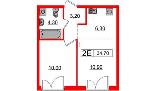 Квартира в ЖК Лермонтовский 54, 1 комнатная, 34.7 м², 4 этаж