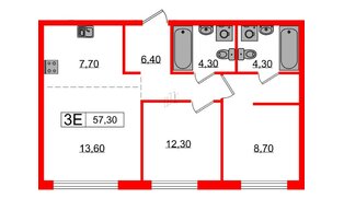 Квартира в ЖК «Лермонтовский 54», 2 комнатная, 57.2 м², 1 этаж