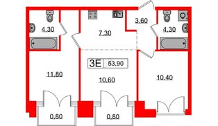 Квартира в ЖК «Лермонтовский 54», 2 комнатная, 53.7 м², 4 этаж