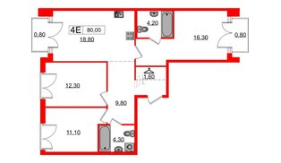 Квартира в ЖК Лермонтовский 54, 3 комнатная, 80 м², 6 этаж