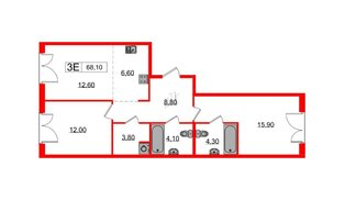 Квартира в ЖК Лермонтовский 54, 2 комнатная, 68.1 м², 7 этаж