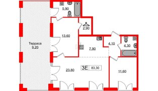 Квартира в ЖК Лермонтовский 54, 2 комнатная, 83.3 м², 7 этаж
