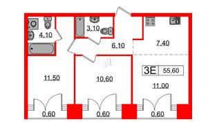 Квартира в ЖК Лермонтовский 54, 2 комнатная, 55.6 м², 8 этаж