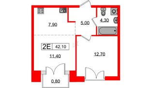 Квартира в ЖК Лермонтовский 54, 1 комнатная, 42.1 м², 7 этаж
