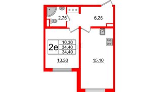 Квартира в ЖК Ручьи 2, 1 комнатная, 34.4 м², 21 этаж