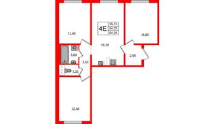 Квартира в ЖК 'Цветной город', 3 комнатная, 64.25 м², 2 этаж