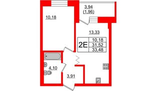 Квартира в ЖК Квартал Уютный, 1 комнатная, 33.48 м², 2 этаж