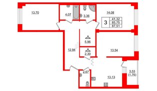 Квартира в ЖК Квартал Уютный, 3 комнатная, 87.51 м², 2 этаж