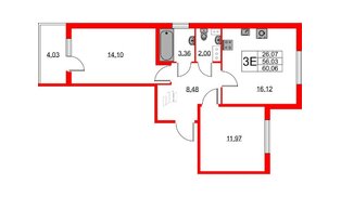 Квартира в ЖК Любоград, 2 комнатная, 56.03 м², 2 этаж