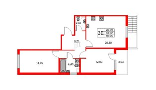Квартира в ЖК Любоград, 2 комнатная, 63.02 м², 1 этаж