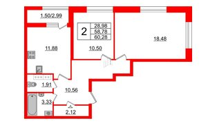 Квартира в ЖК БелАРТ, 2 комнатная, 60.28 м², 19 этаж